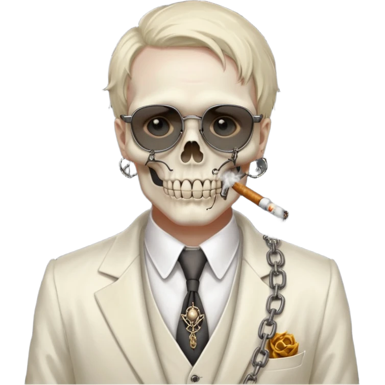 cinematic realistic - steampunk Megadeth - a gentleman in an ivory ethereal suit that smokes, has a skull instead of a head, wears rusty metal glasses with chains emoji