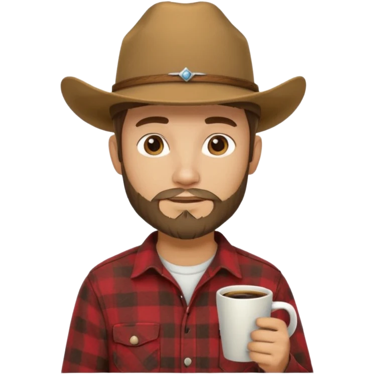 generate an ios genmoji of a 20 year old tan boy with a cowboy hat and side burn beard. Wearing a flannel and carrying a coffee mug emoji