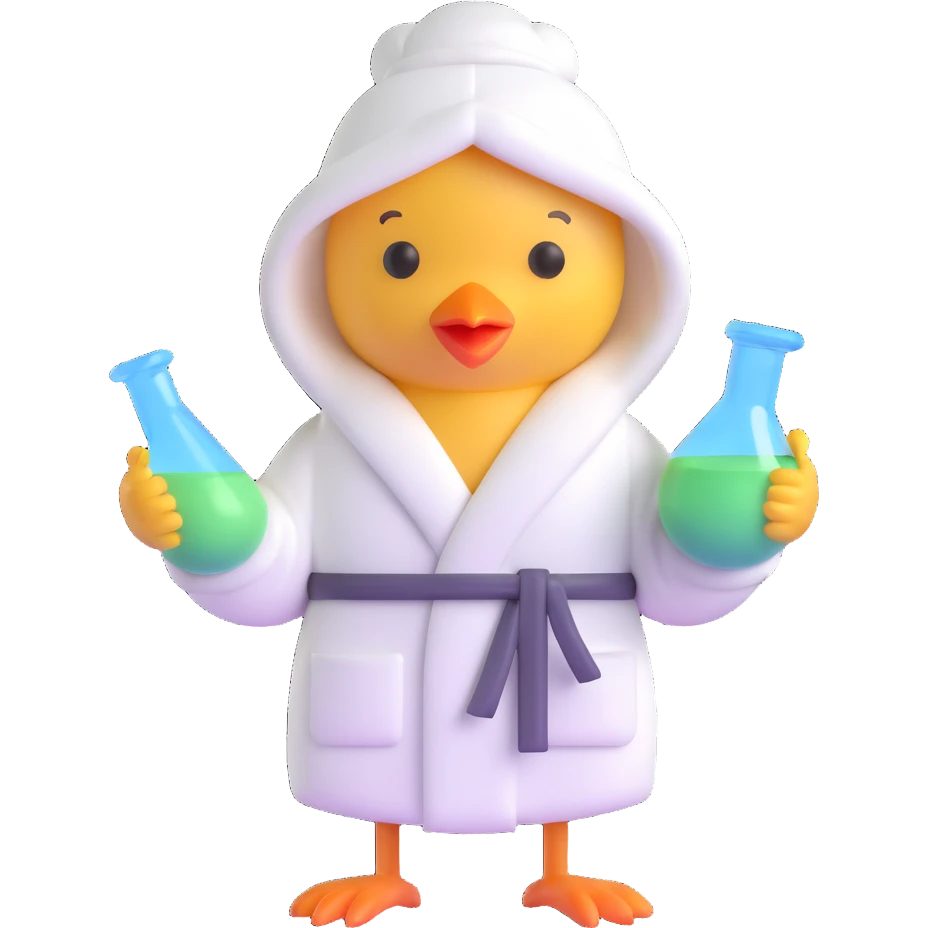 3D style chick in a bathrobe holding chemistry items in its hands emoji