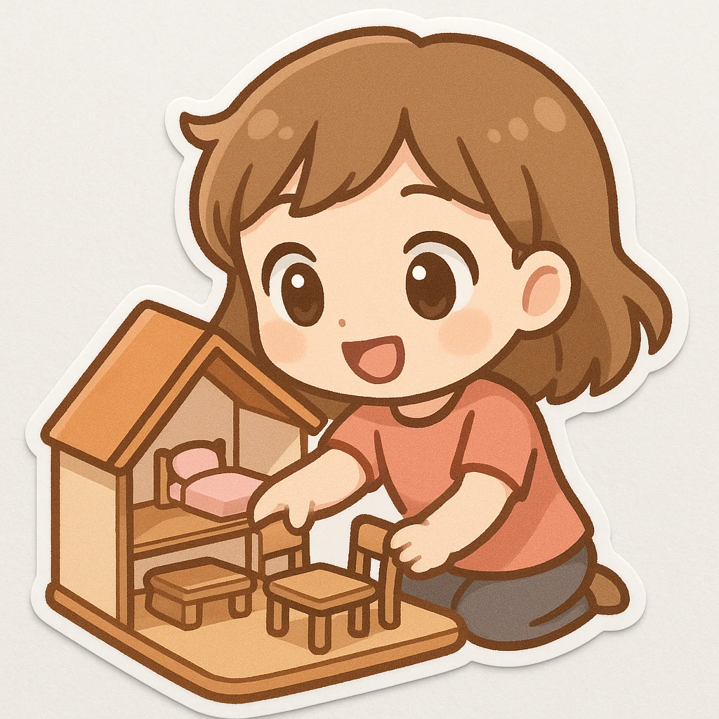smiling girl arranging furniture in doll house emoji
