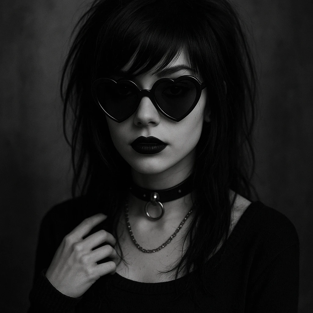 emo girl with heart-shaped sunglasses, dark hair, mysterious vibe emoji