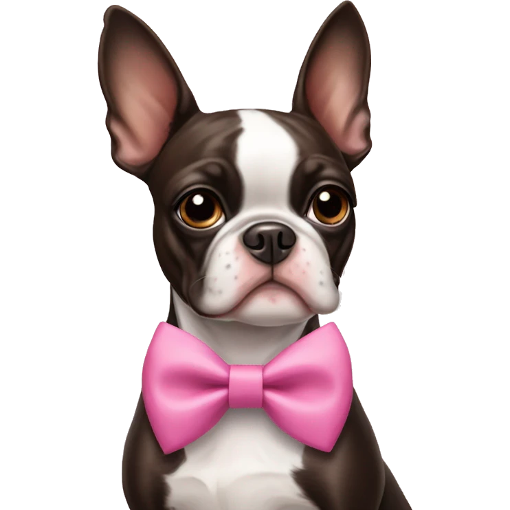 Cinnamon Boston terrier wearing a pink bow  emoji