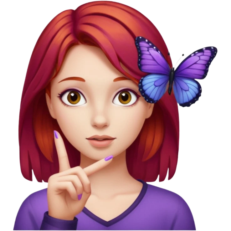 Purple butterfly resting on red haired girl finger emoji