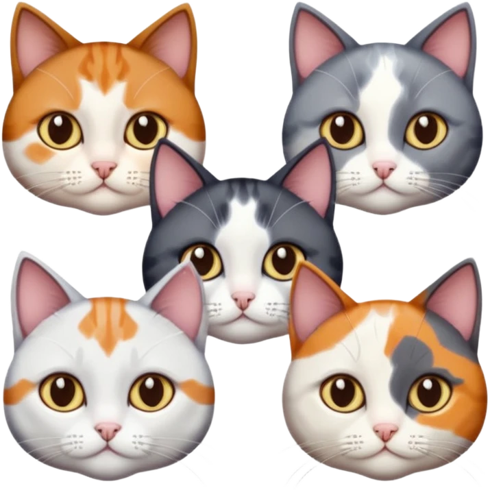 4 different coloured short haired cats including; a dark brown and white cat, and a dark grey and white, and a calico emoji