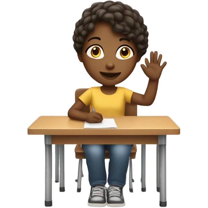 A girl with a raised hand at a desk at school  emoji