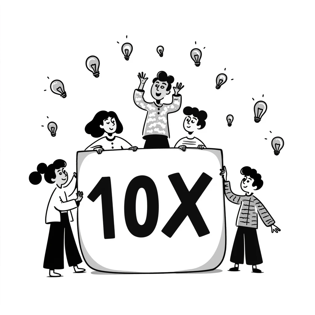 playful team illustration with '10x' and lightbulbs, hand-drawn look emoji