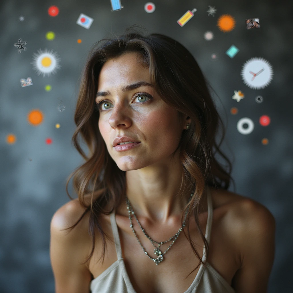 realistic scene of a person with bright eyes and a determined expression, surrounded by symbols of creativity and work, with a subtle sense of overwhelm emoji