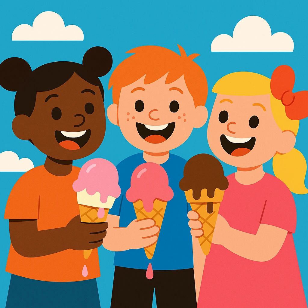 happy children with melting ice cream cones emoji