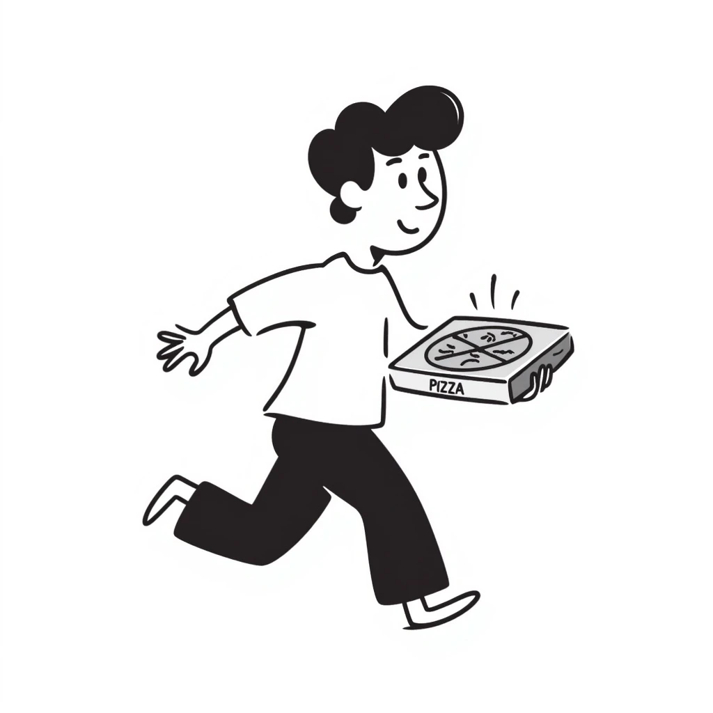 a man running with a pizza box in his hands, smiling, hand-drawn doodle style emoji
