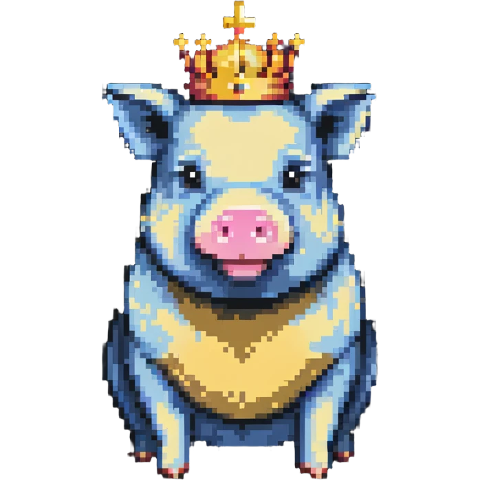 cute pig with a golden crown, chunky, colorful, simple, playful, pixel art style emoji