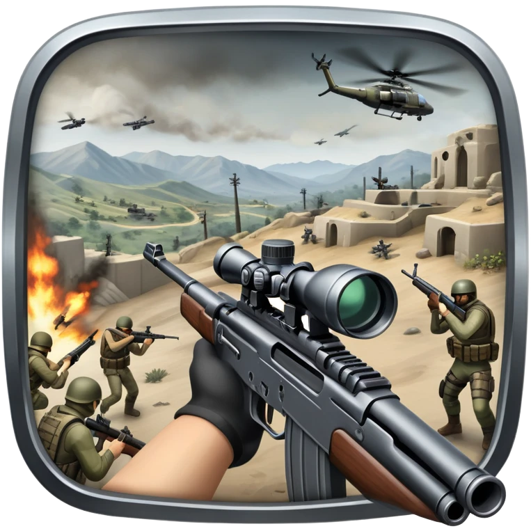 An icon representing a first-person shooter, inspired by Call of Duty. The design shows hands holding a rifle at the bottom of the screen, with enemies in the background and a detailed landscape. The action is intense, with gunfire and dynamic movement. Transparent background. emoji
