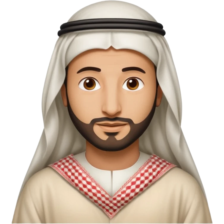 Emoji-style (Apple iPhone) illustration of Crown Prince Mohammed bin Salman, round and soft facial features, friendly and expressive, wearing a white thobe and red-and-white checkered shemagh, clean vector, minimal shading emoji