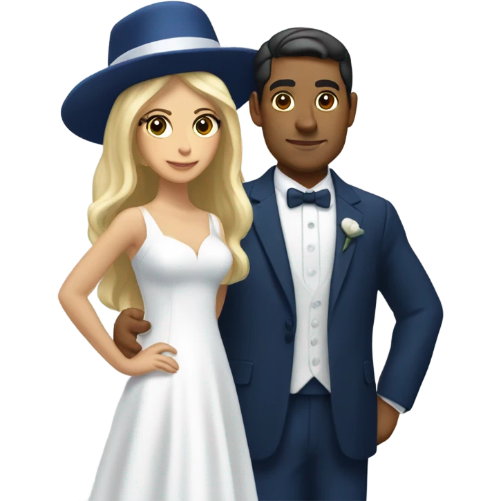 Puerto rican beard short hair with blue hat and navy blue suit getting Married with blond long hair girl with white  wedding dress  emoji
