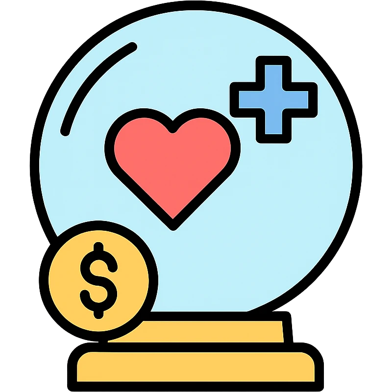 crystal ball icon representing best quality and most affordable healthcare, clean and modern style, simple lines, healthcare symbols like heart or cross inside the crystal ball, color accents for clarity emoji
