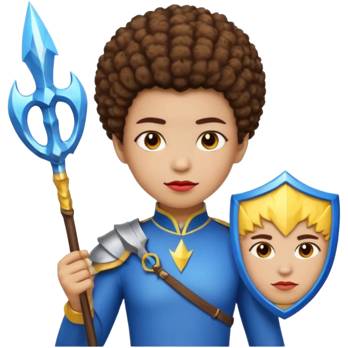 Emoji metisse femboy mais plus masculin avec drapeau ukrainien arriere plan, un afro, sourcils rouge, fourche trident, et eclairs et sur fond bleu clair irrisé. Peau lightskin, yeux marron et cheveux marron bouclés mais en mode afro pixi cut emoji