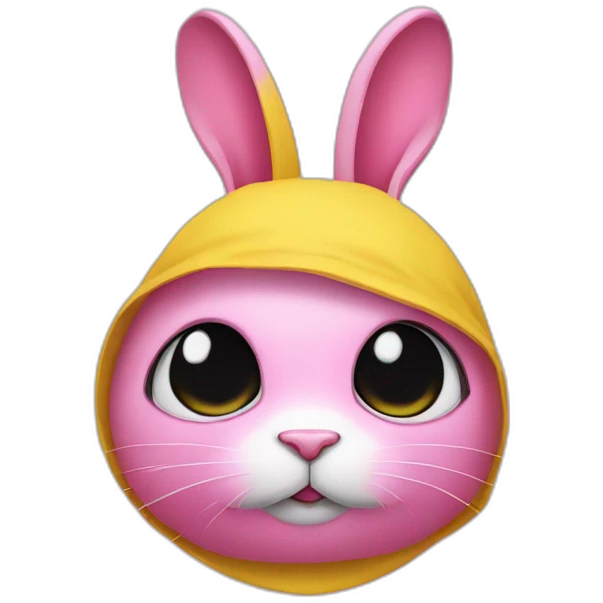 rabbit pink hiding eyes, wears teeshirt yellow emoji