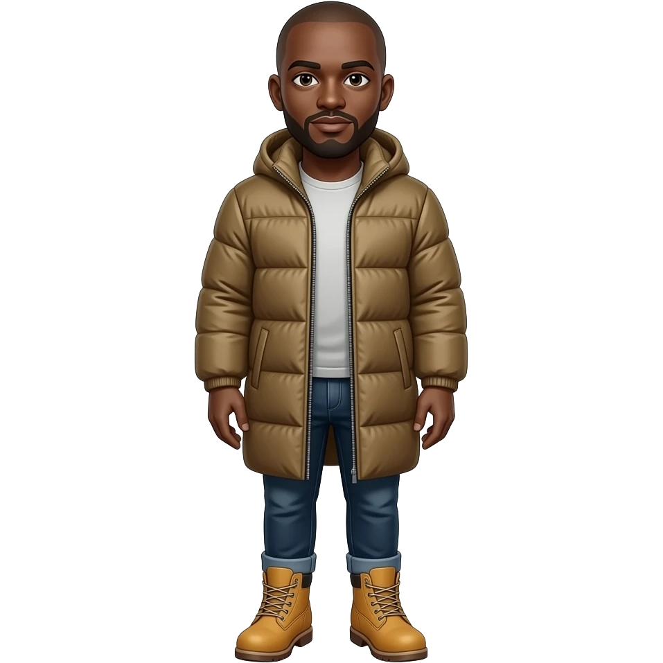 Bald no hair black man with puffer coat, timberland boots emoji