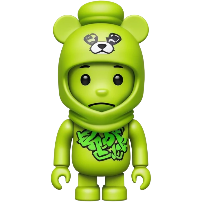 bearbrick toy wearing a lime green balaclava with graffiti style artwork emoji