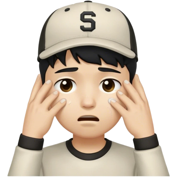 "Create an emoji of a student boy with short black hair wearing a baseball cap. He has a sad expression, and tears are streaming down his face. His hands are wiping his eyes in frustration. The boy is wearing a casual school outfit, like a hoodie or t-shirt, and the overall vibe is one of sadness, like he’s overwhelmed by schoolwork or something personal. The background is simple and neutral to keep the focus on his emotional expression. emoji