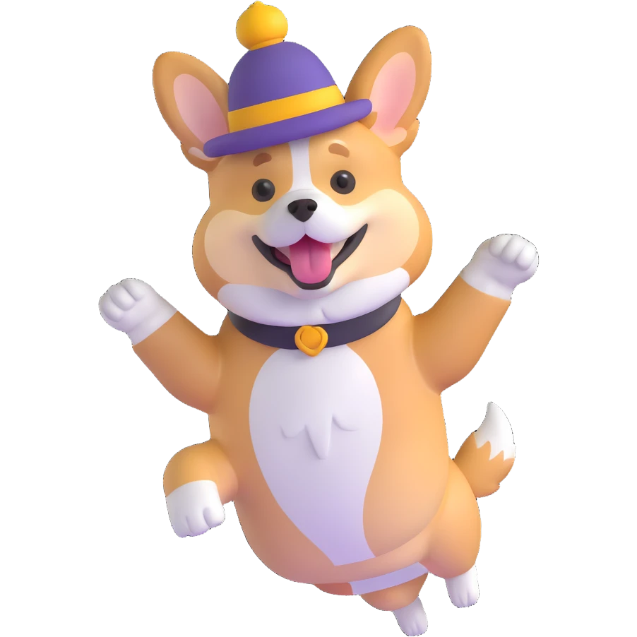 corgi dog jumping with a cute hat emoji