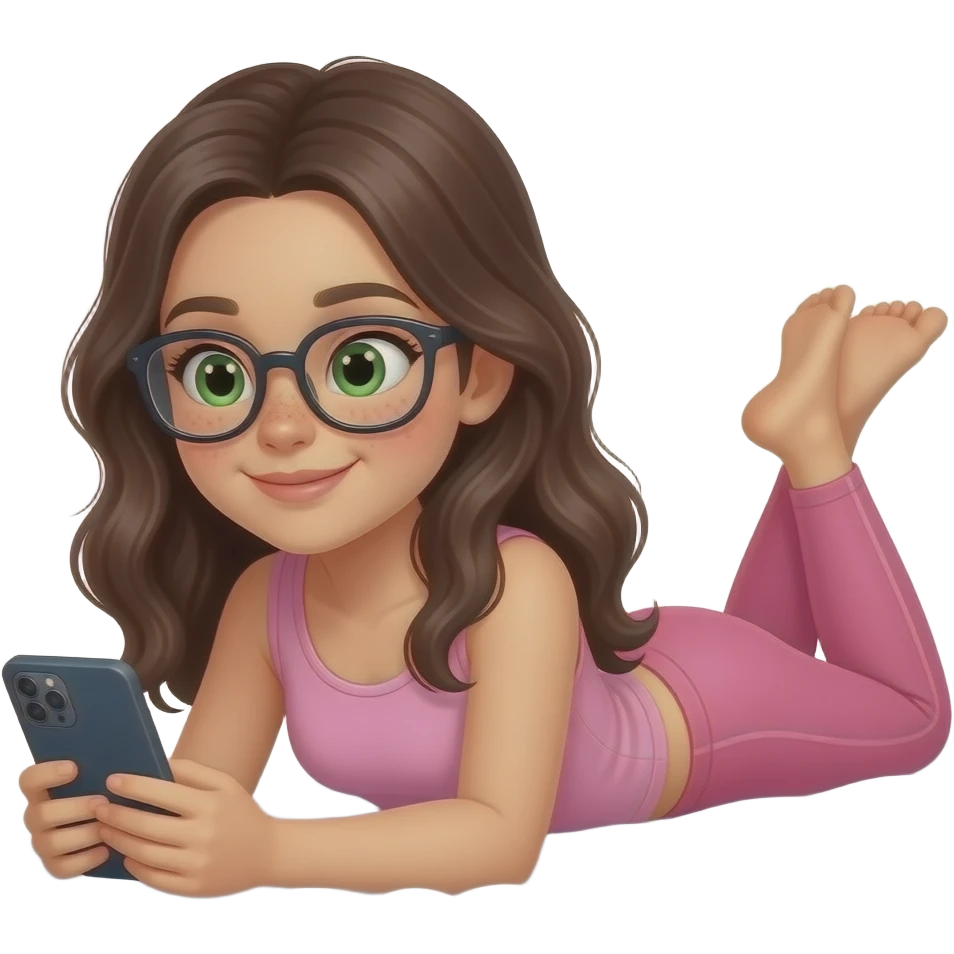 young girl in the style of iphone emoji people, fair skin, green eyes, glasses, freckles,long dark brown wavy hair, pink tank top and pink leggings, looking at the phone and lies on the bed emoji