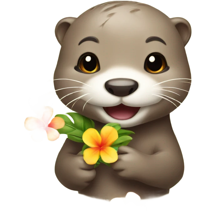 A happy and cute otter face holding a Hawaiian flower emoji