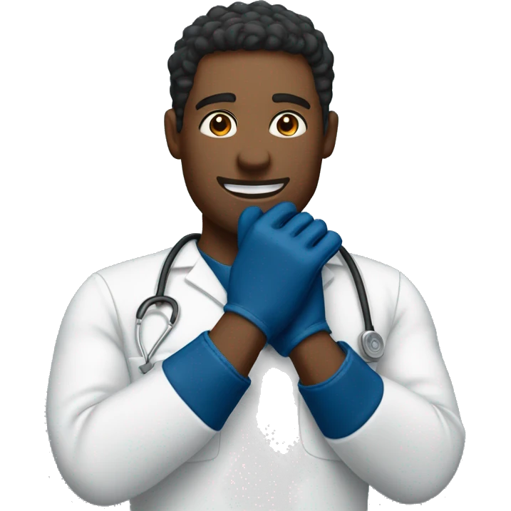Man in navy scrubs putting on gloves emoji