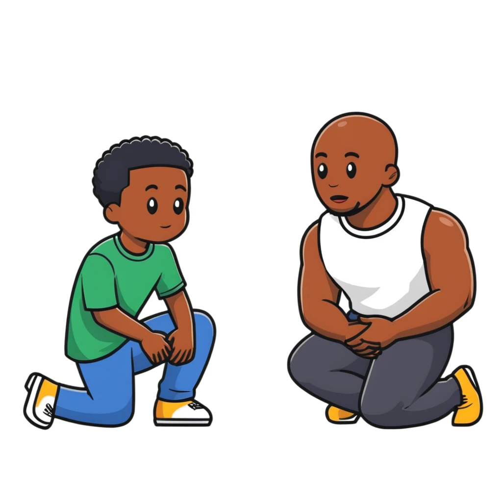 Black man kneeling down in front of white man, respectful pose emoji