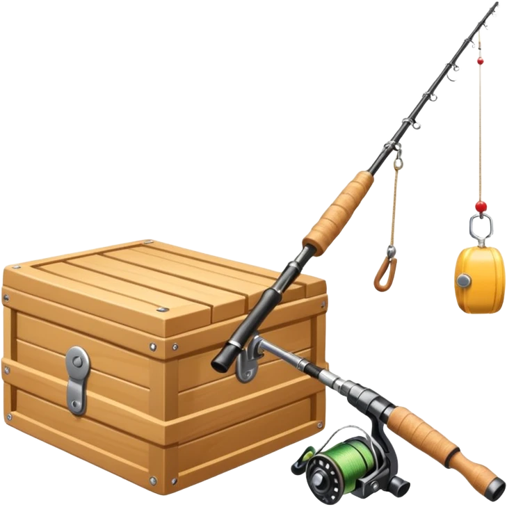 A fishing rod with reel and line neatly coiled beside a bait box. emoji