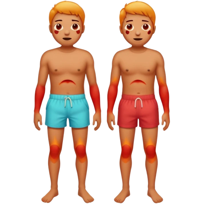 Emoji-style person in beach shorts, skin visibly sunburned and red on arms, legs, and face Expression shows mild pain or discomfort, cute rounded emoji desig emoji