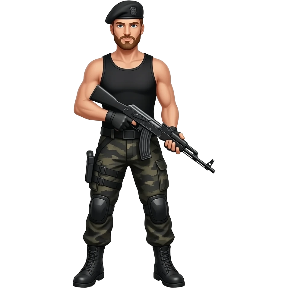 Full body guy wearing combat boots, black bdu pants, black tanktop shirt and black baret red goatee. Holding an AK47 emoji