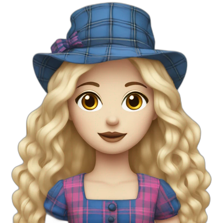 ragdoll with blond hair, pink hat and blue tartan dress emoji