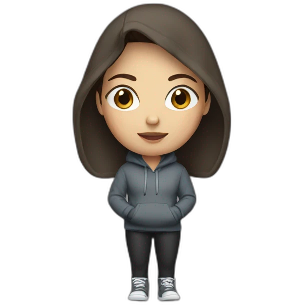 white woman with short dark brown hair in a hoodie emoji