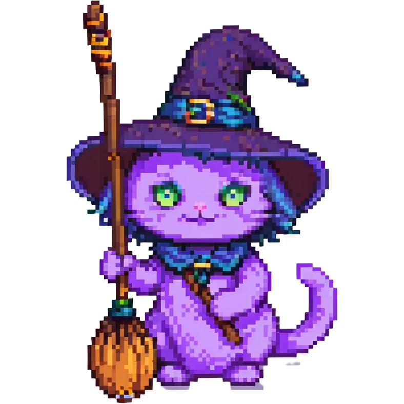 purple witch cat with a broom pixel art emoji