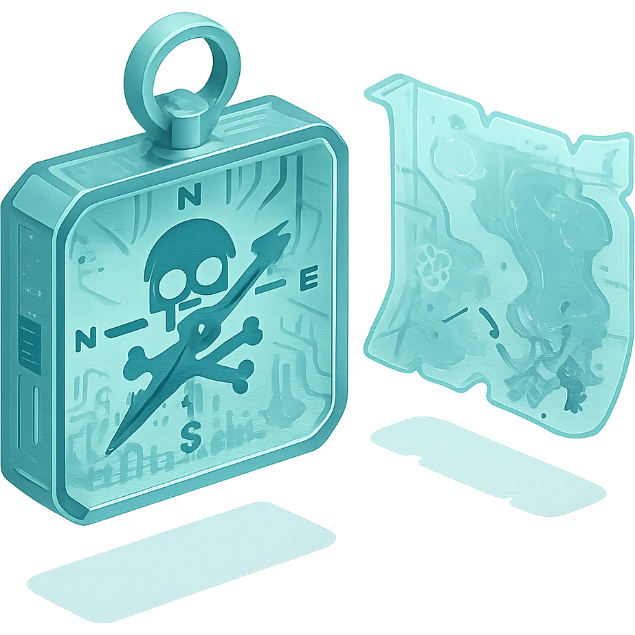 A pirate compass and map with translucent design showing internal gears and circuit patterns, in an isometric 3D style emoji