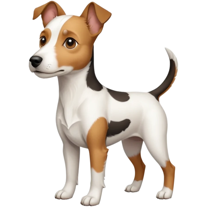 a full body large white parson russell terrier looking dog the size of a kelpie with light brown big ears and a light brown patch on one eye and a large snout emoji