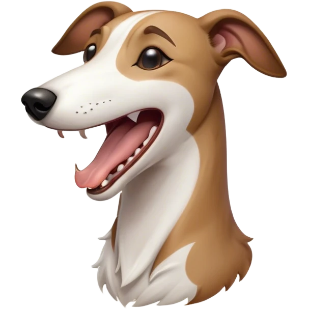 Cinematic Cute Yawning White and Brown Greyhound Portrait Emoji, Head tilted slightly with a dramatic, wide-open yawn, showcasing a pristine white Fur with bold brown markings, floppy ears slightly drooping, round eyes barely open in drowsy contentment, Simplified yet irresistibly adorable features, highly detailed, glowing with a soft, cozy glow, high shine, relaxed yet expressive, stylized with a touch of whimsy, bright and endearing, soft glowing outline, capturing the essence of a sleepy yet affectionate companion, so drowsy it feels like it could stretch out of the screen and curl up for a nap! emoji