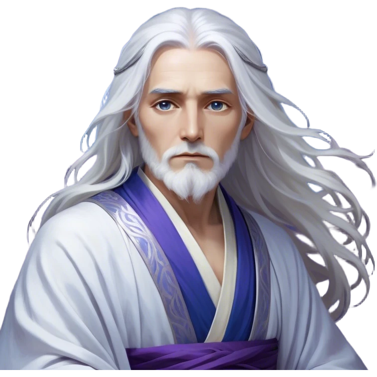 elegant Ionian artist with a mystical and refined appearance. He has long, flowing silver-white hair that cascades past his shoulders, framing his calm and contemplative face. His eyes glow with a soft, ethereal light, hinting at the vast arcane power he wields.

Draped in intricate, layered robes with deep blues and purples, his attire reflects both an artist's grace and a mage's authority. Golden embroidery and delicate patterns adorn his clothing, resembling the strokes of a masterful painting. His hands, often poised in artistic gestures, channel his magic like a painter bringing a canvas to life, each spell a work of art in motion. emoji