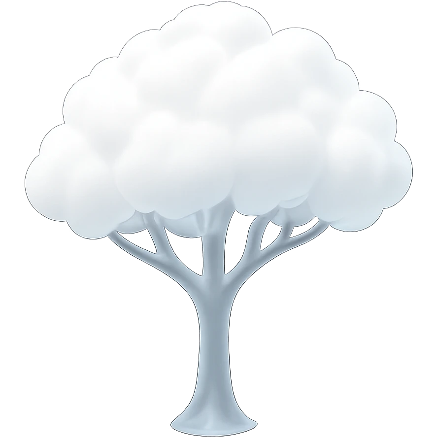 one tree with many branches and a white trunk, crown made of small very bright white fluffy convex clouds, matte glass style emoji