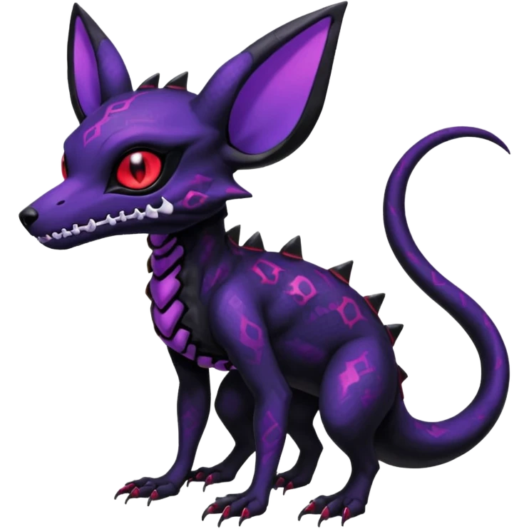 Gothic Black red purple Scaley Exotic Salandit-Umbreon-Noibat-Fakémon-hybrid-creature (full body), 4 legs, white skull face mask emoji