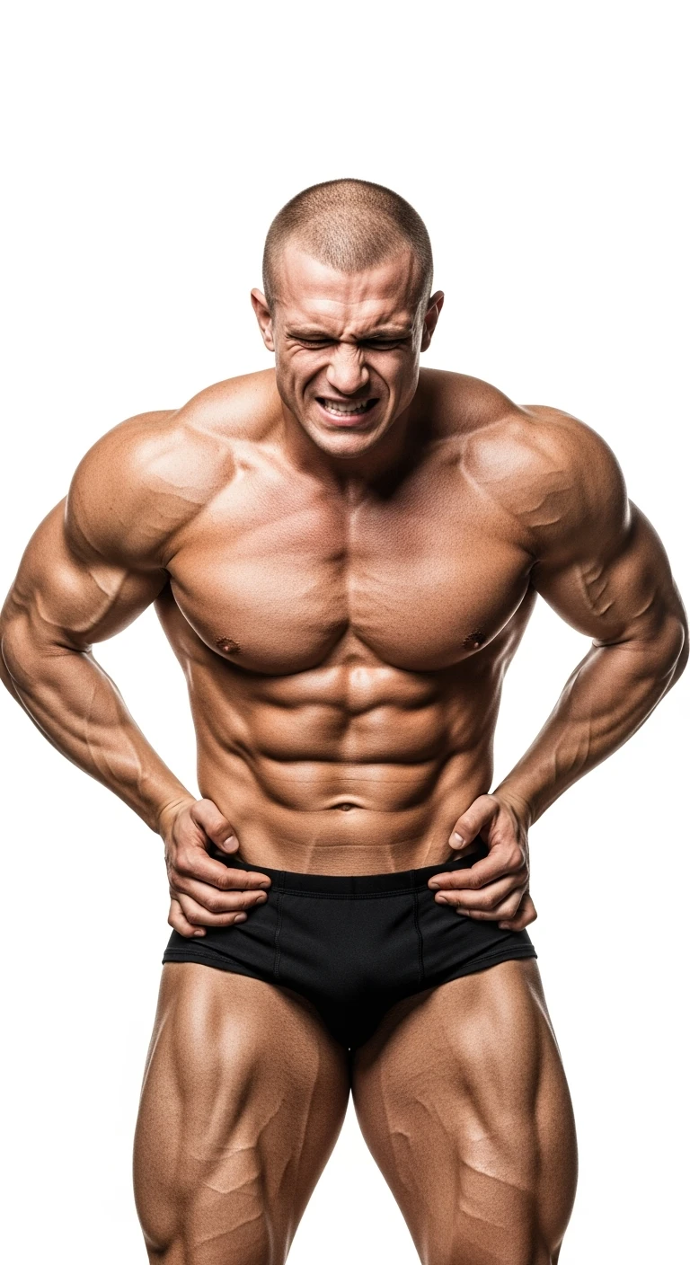 BODYBUILDER CHE SI INDICA I FIANCHI CON ESPRESSIONE AFFLITTA, ISOLATO SU SFONDO BIANCO, IPERREALISTICI 4K emoji