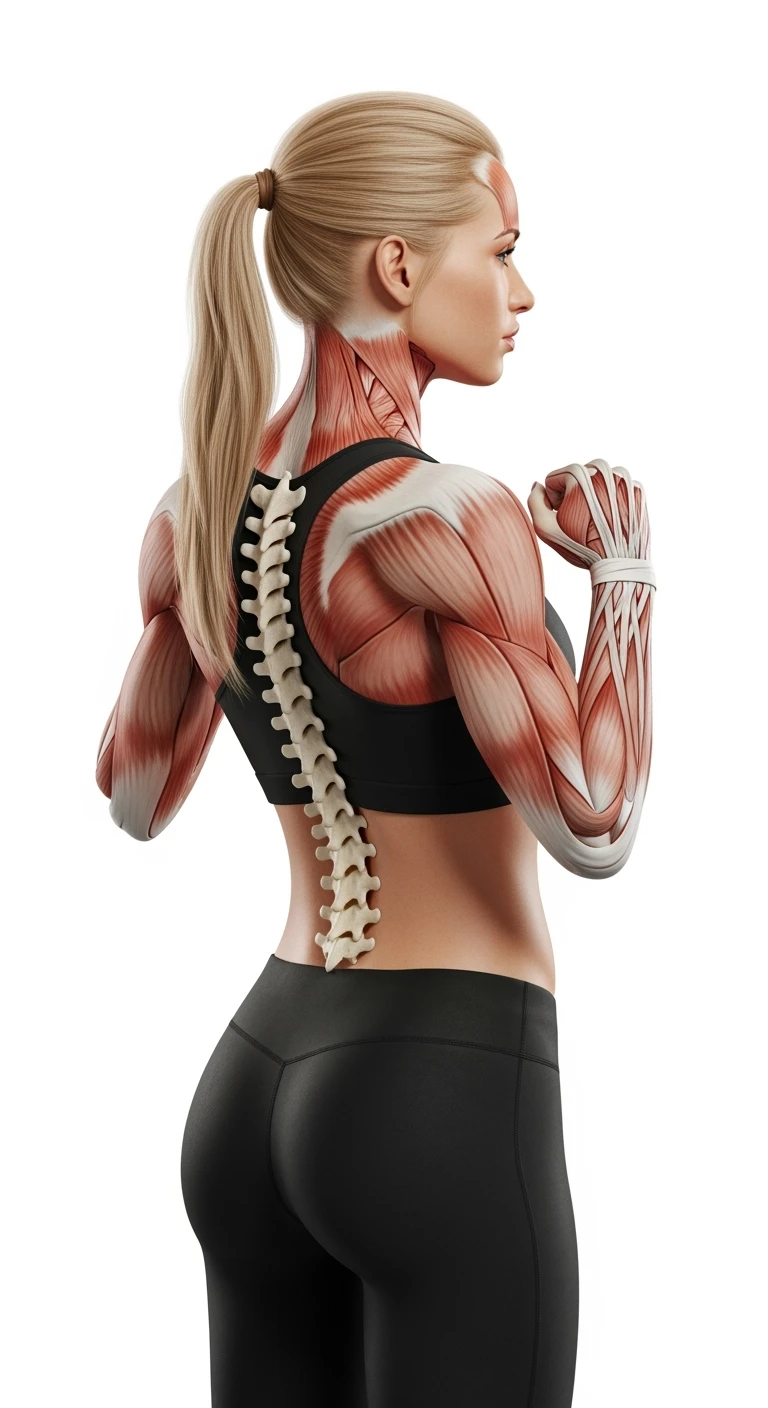 donna fitness di spalle con spina dorsale anatomica realistica in evidenza, sfondo bianco emoji