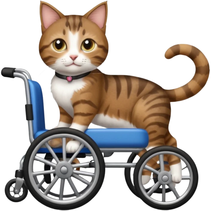disabled brown tabby and white cat using cat wheelchair emoji