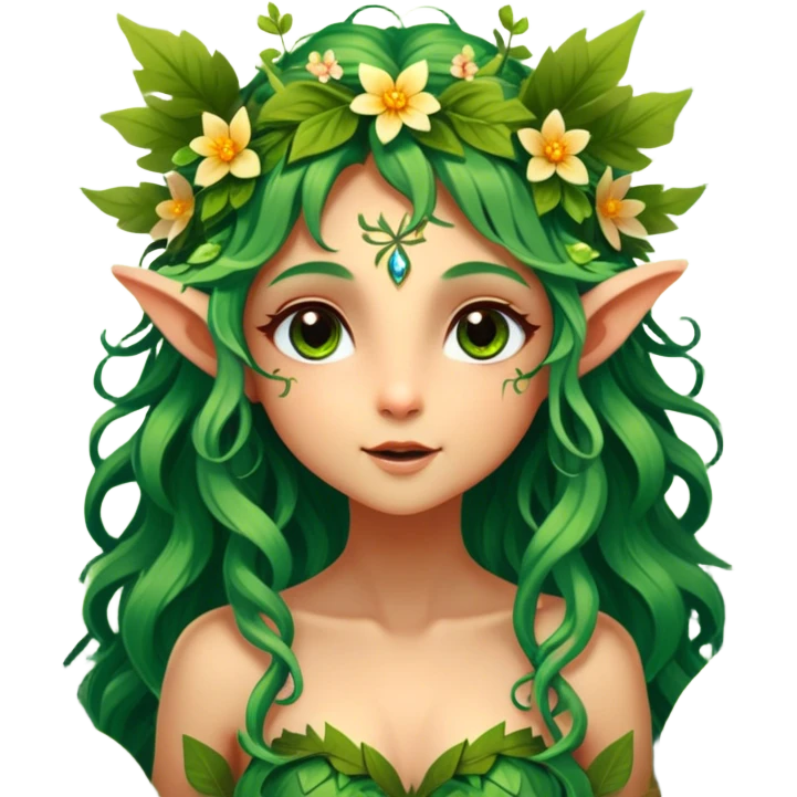 Cinematic Realistic Forest Nymph Fairy Portrait, head tilted playfully and inquisitively, showcasing a nature-inspired form with intricately detailed, sunlit tanned skin and cascading hair interlaced with leaves and blossoms. Her bright, curious eyes sparkle with forest mischief, rendered with lifelike clarity and warm, dappled lighting that captures the spirit of an enchanting woodland fairy ready to dance among the trees. emoji