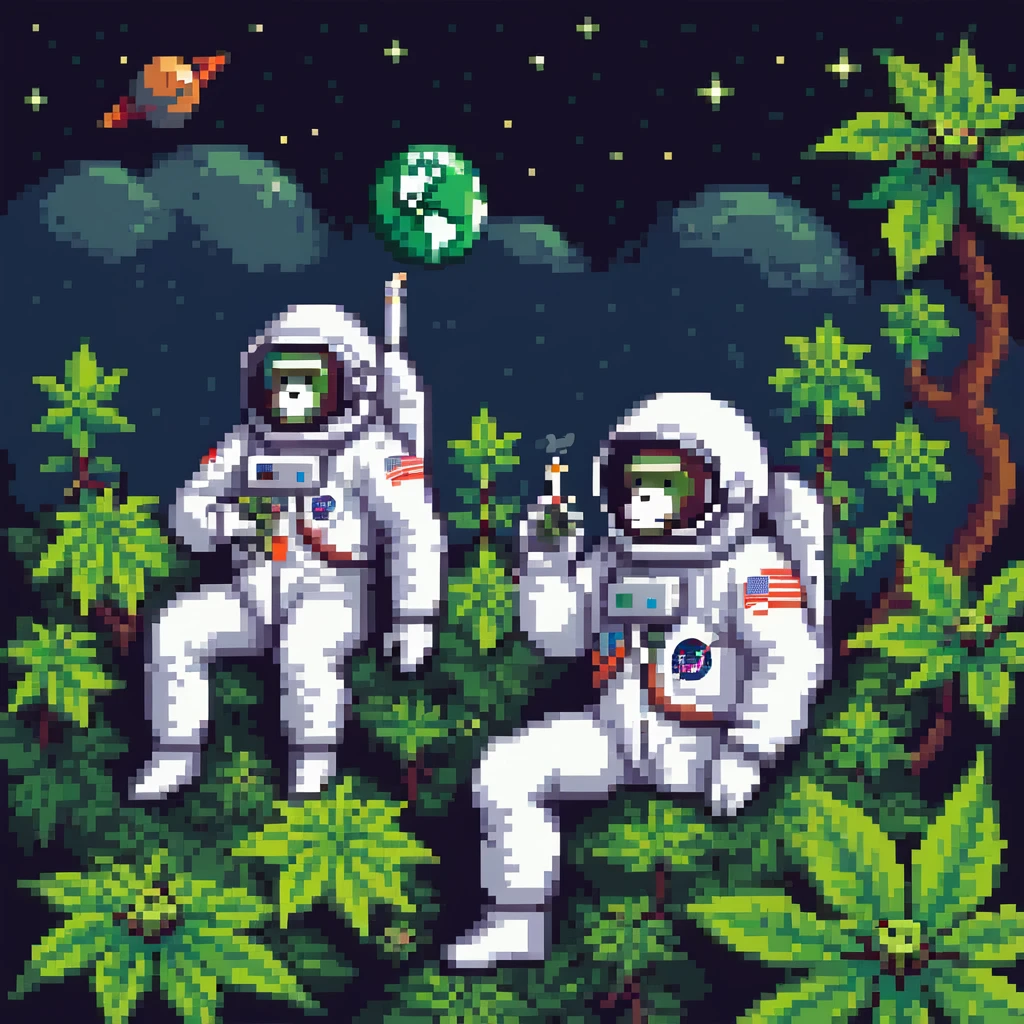 group of apes in astronaut suits floating in space smoking weed emoji