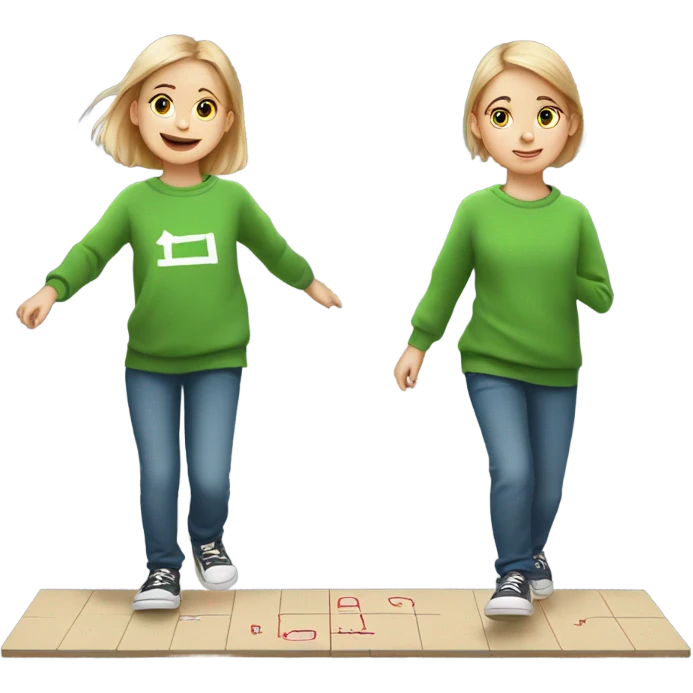 a little white girl in a green sweatshirt playing hopscotch emoji