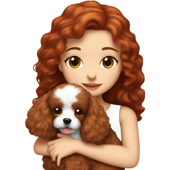 A white girl with long red-brown hair hugging a cute small red brown toy poodle puppy  emoji