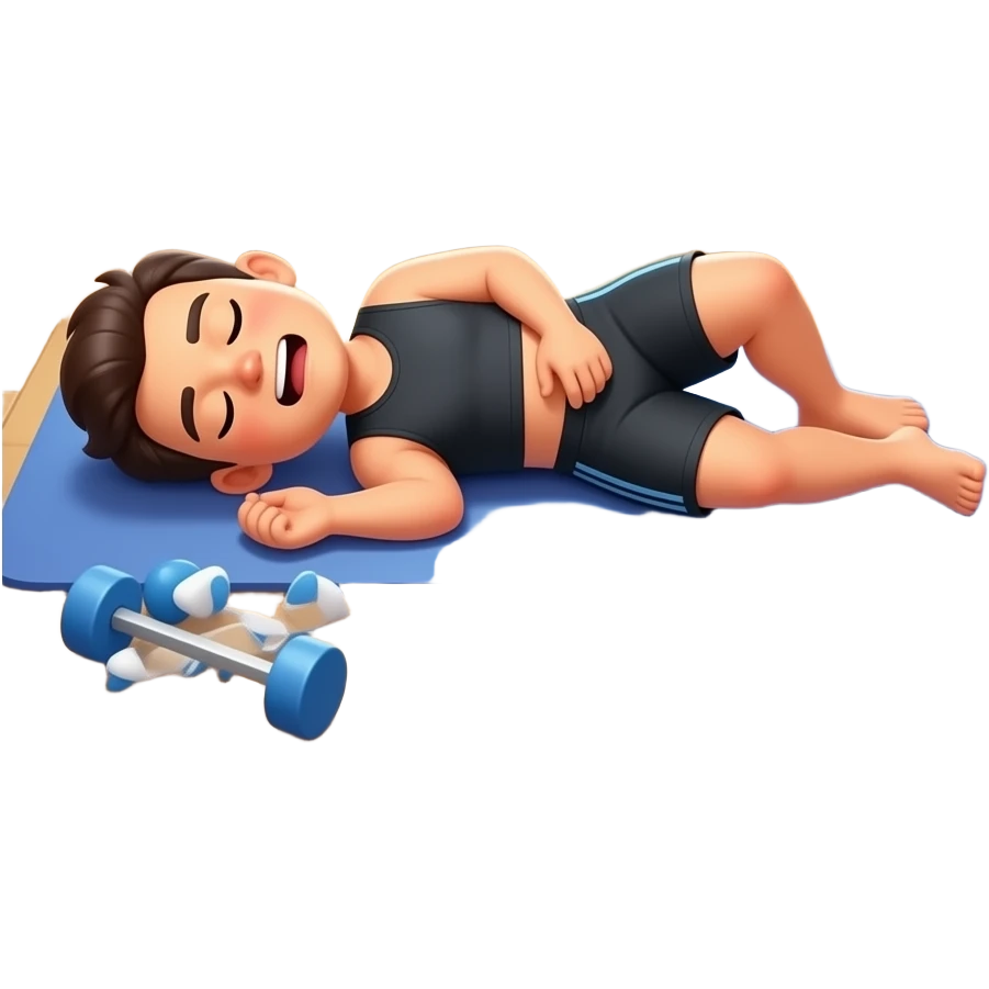 : A funny sticker of a person sleeping on a yoga mat wearing full gym gear, 'REBAHAN DULU' text, white border, flat design. emoji