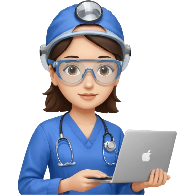 i need a brunette young woman in blue scrubs with brown eyes fair skin with safety goggles on and a laptop for research  healthcare research no safety helmet emoji