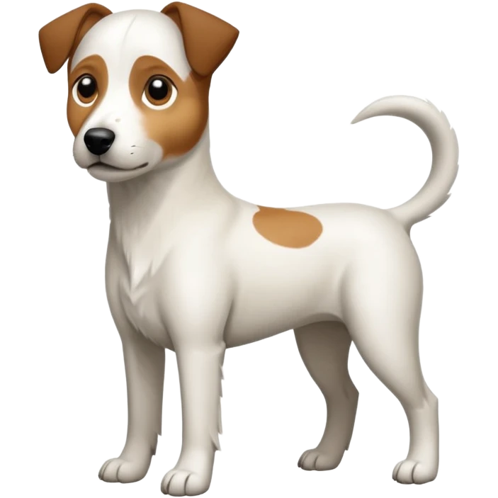 a full body large white parson russell looking dog the size of a kelpie with light brown flapped down ears and a light brown patch on one eye and a large snout emoji